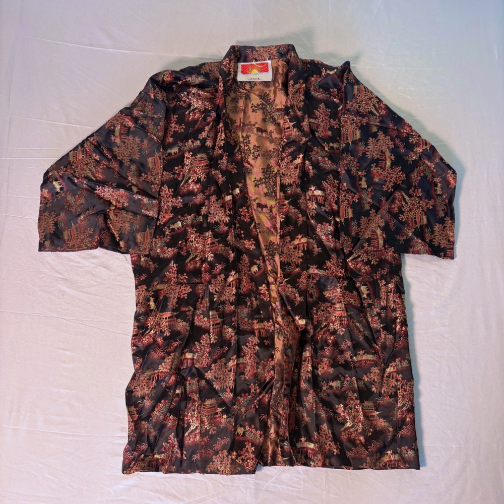 Oriental Vintage Kimono Robe Black Red Gold Pagoda Landscape Satin Jacquard L/XL